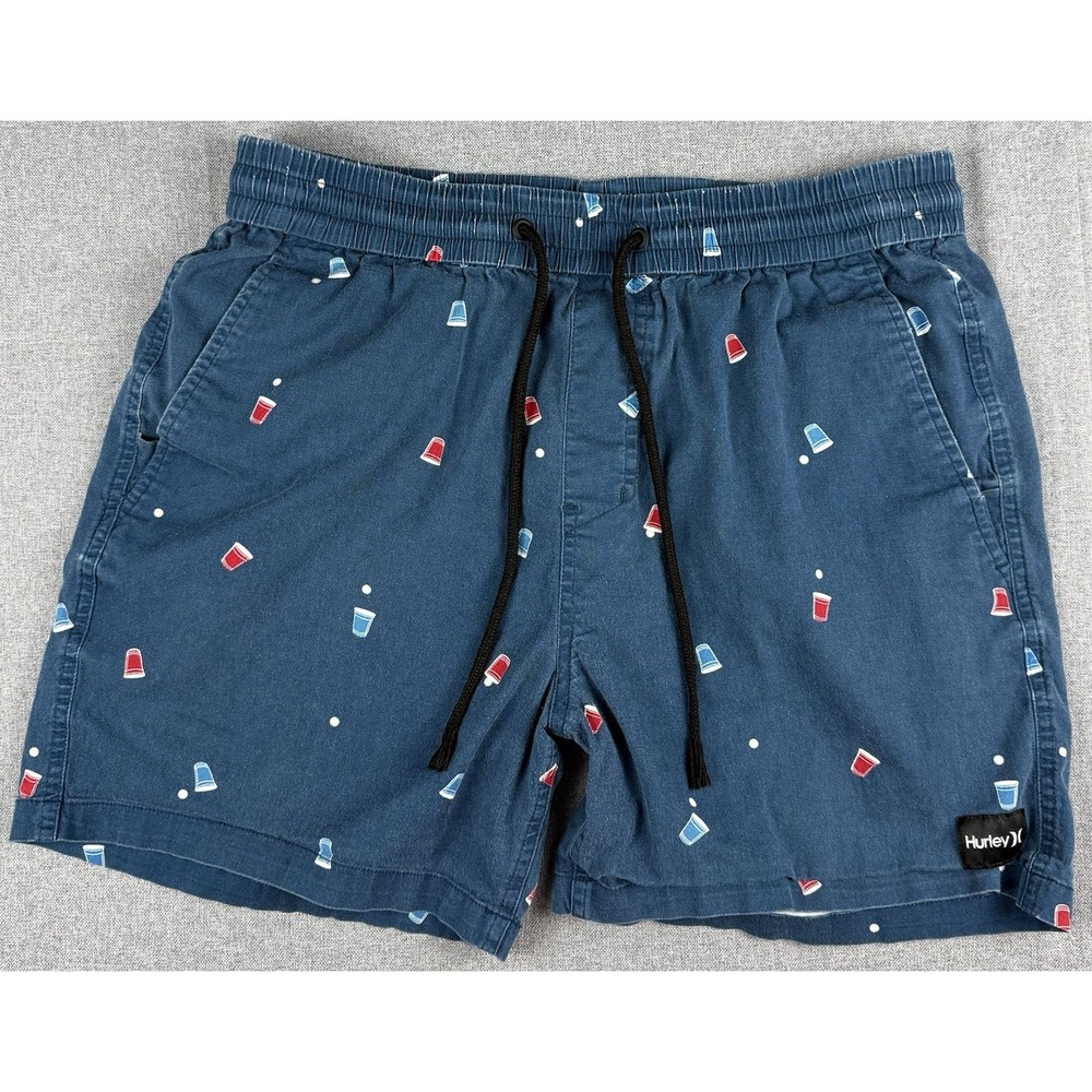 Hurley Mens M Shorts Blue Red Cup Print Drawstring Elastic Waist Casual